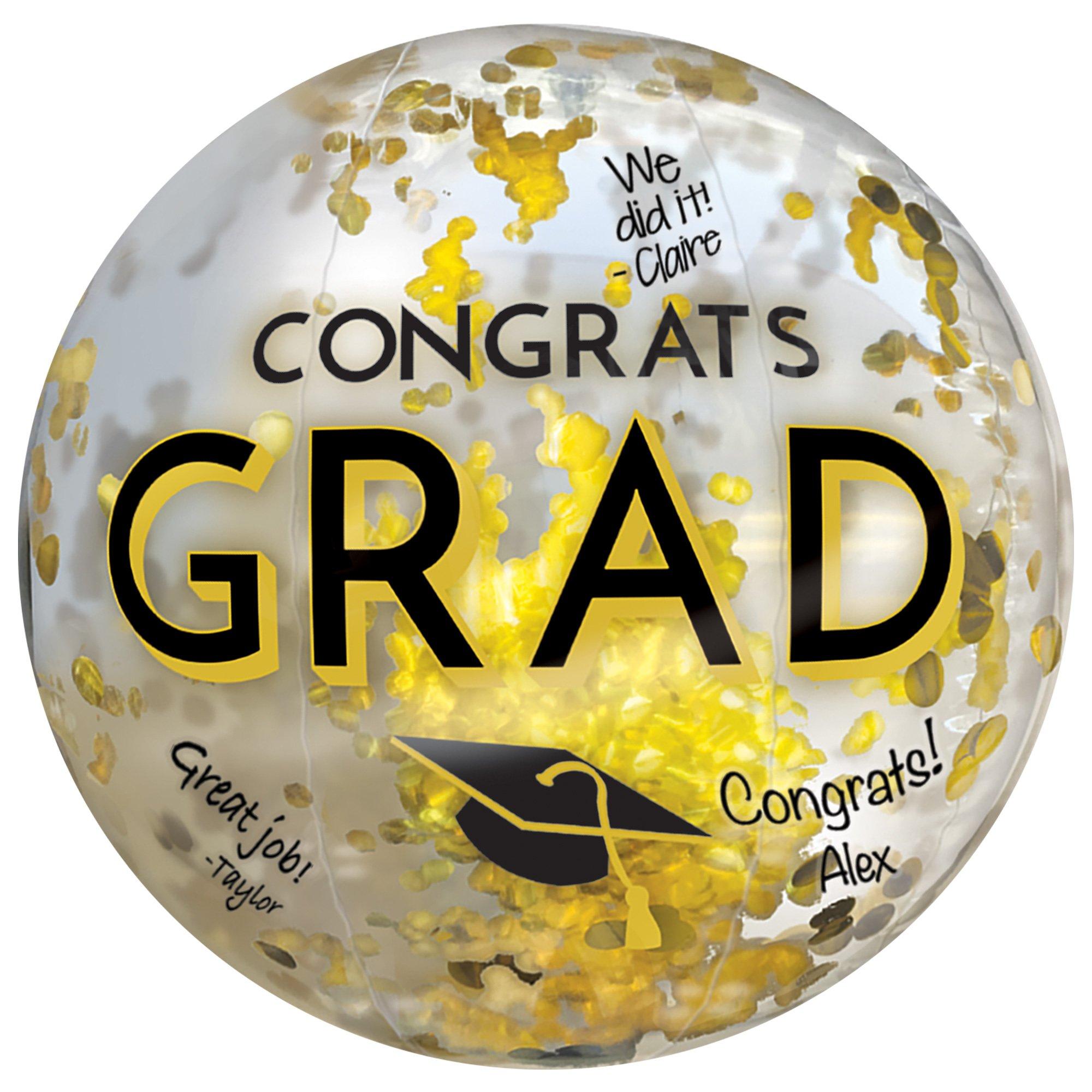 Black, Silver, & Gold Congrats Grad Confetti Beach Ball, 24in Party City