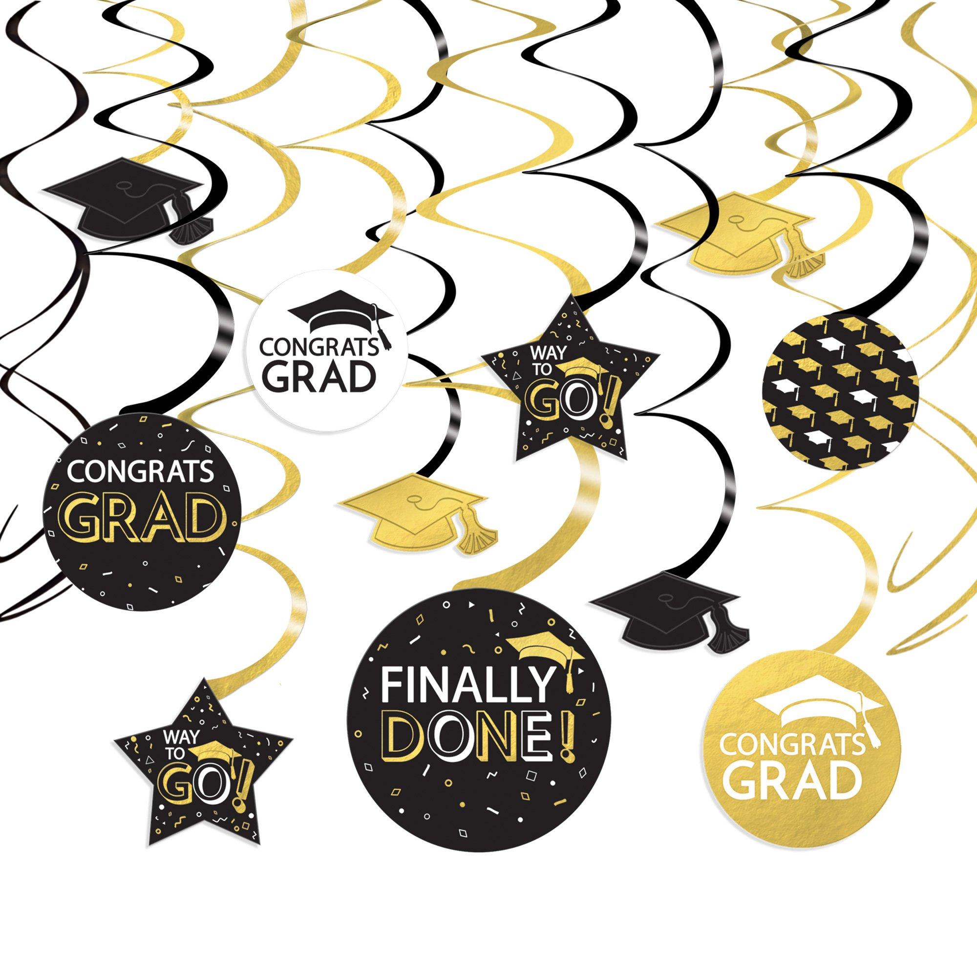 Black, Silver, & Gold Congrats Grad Cardstock Swirl Decorations, 30pc ...