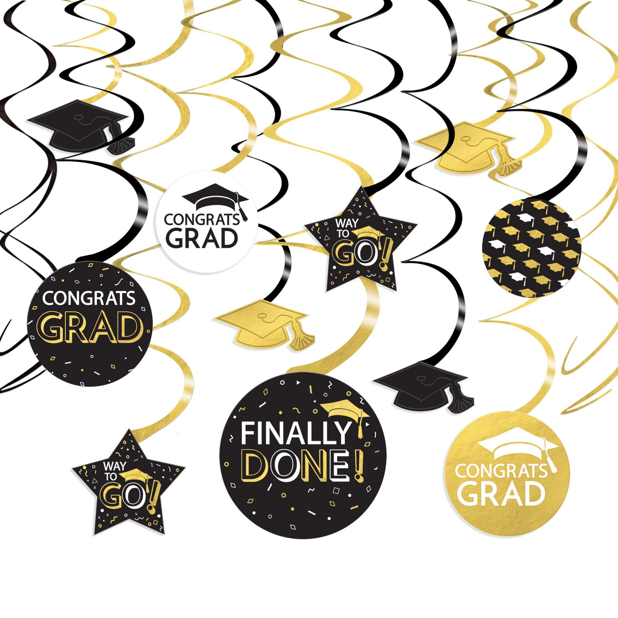 Black, Silver, & Gold Congrats Grad Cardstock Swirl Decorations, 30pc