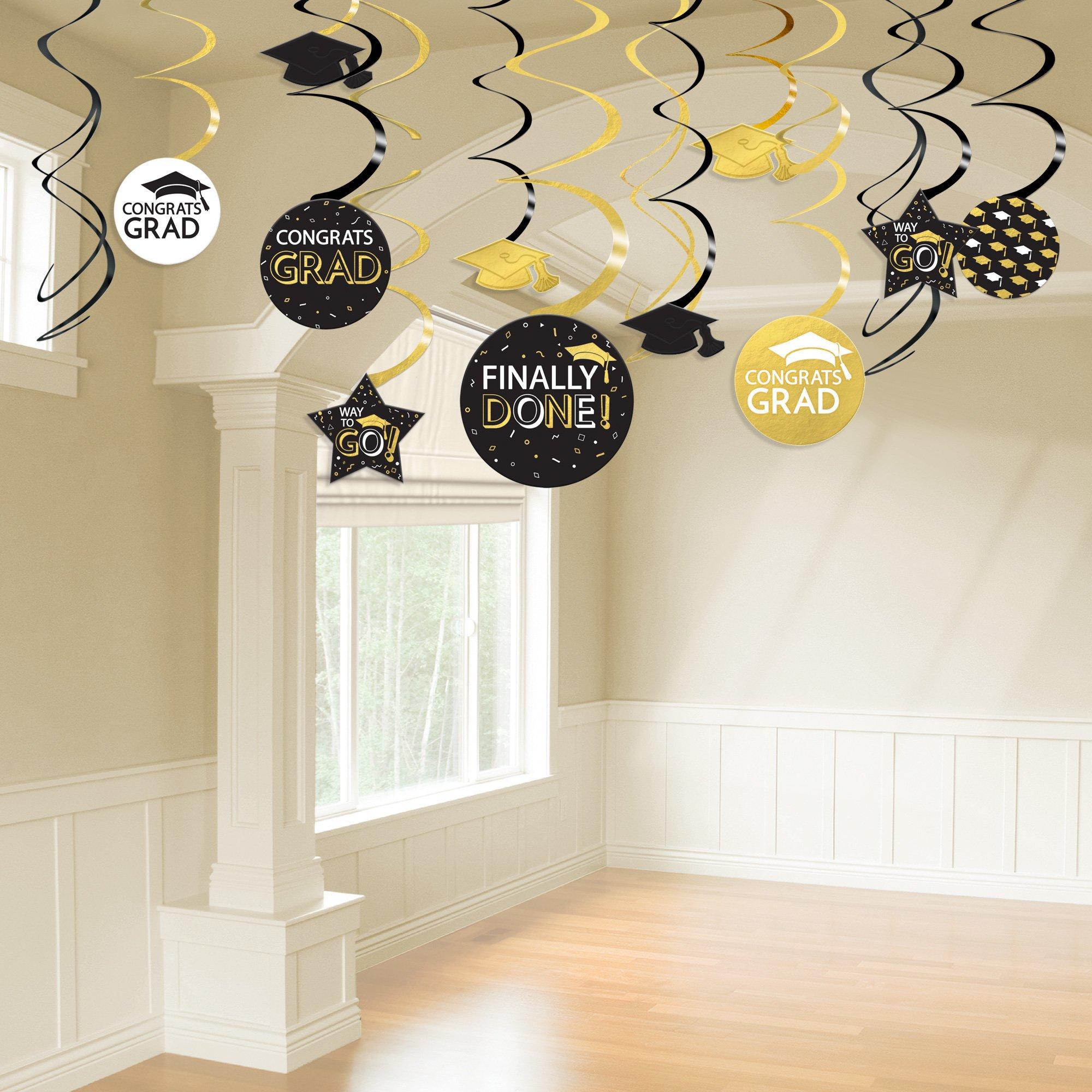 Black, Silver, & Gold Congrats Grad Cardstock Swirl Decorations, 30pc