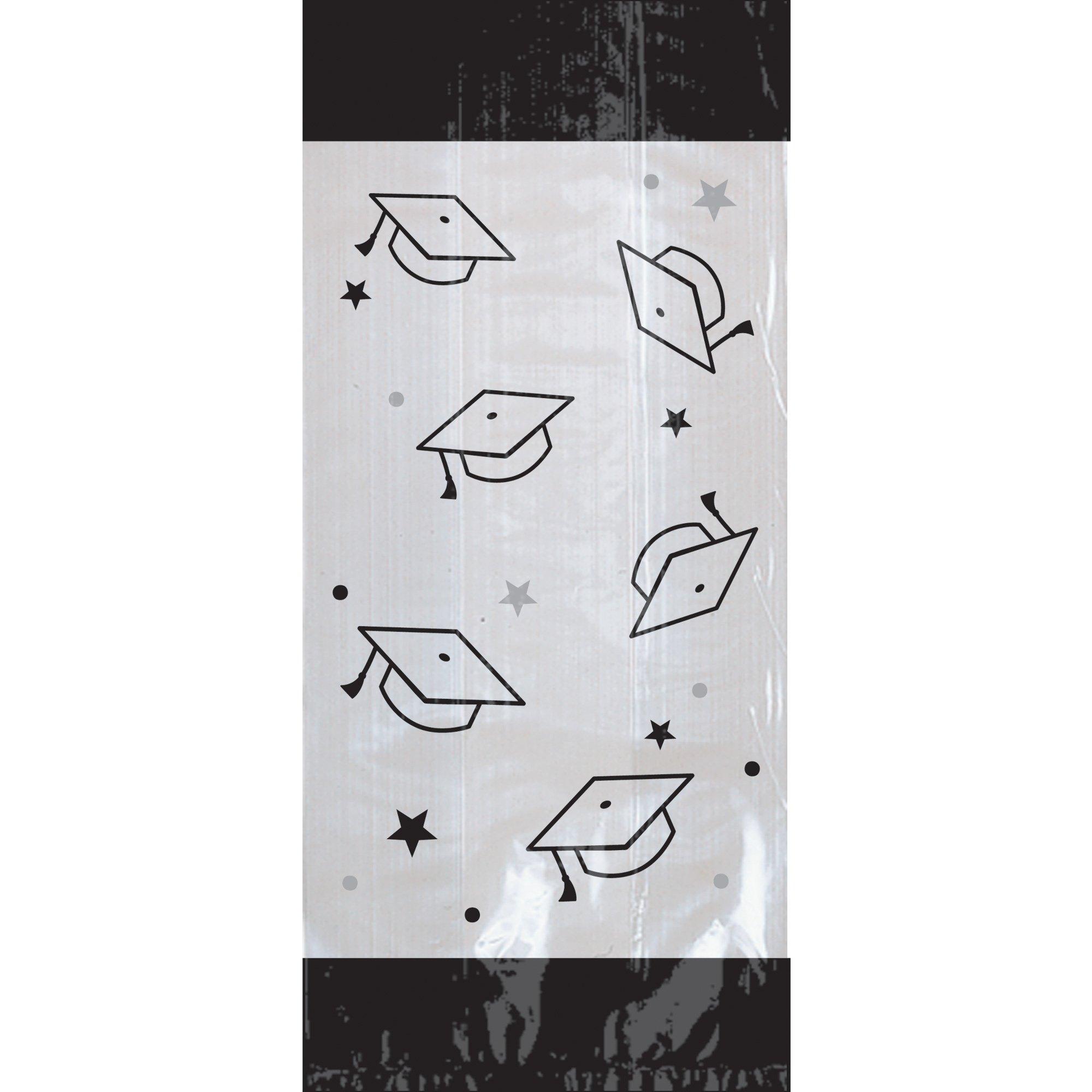 Black & Silver Mortarboard Graduation Cellophane Treat Bags, 4in x 9.5in, 20ct