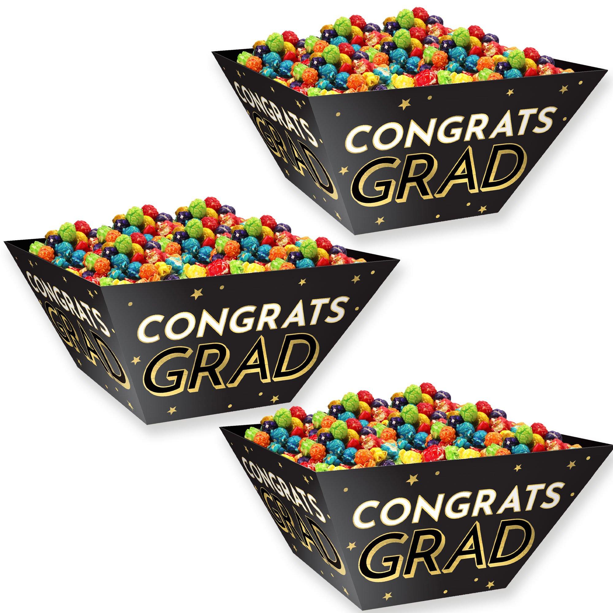 Black & Gold Congrats Grad Cardstock Snack Bowls, 12in, 3ct