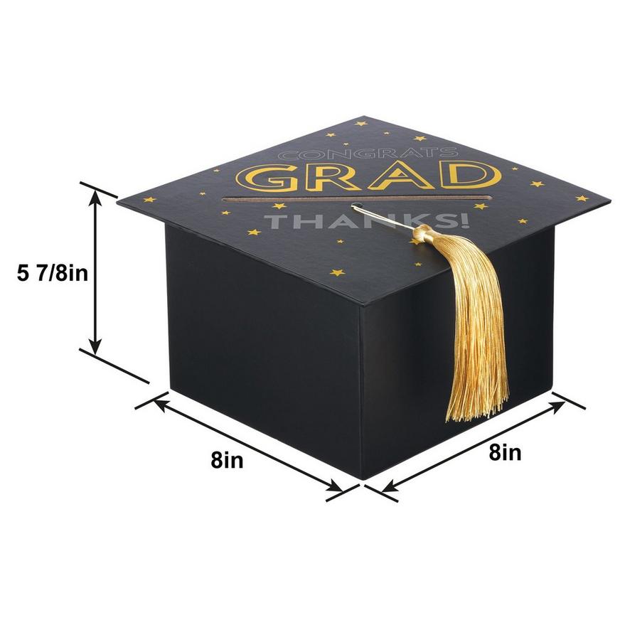 Black, Silver, & Gold Grad Cap Card Box, 8in x 5.83in