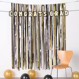 Black, Silver, & Gold Congrats Graduation Fringe Curtain Backdrop Kit, 4ft x 6ft, 2pc