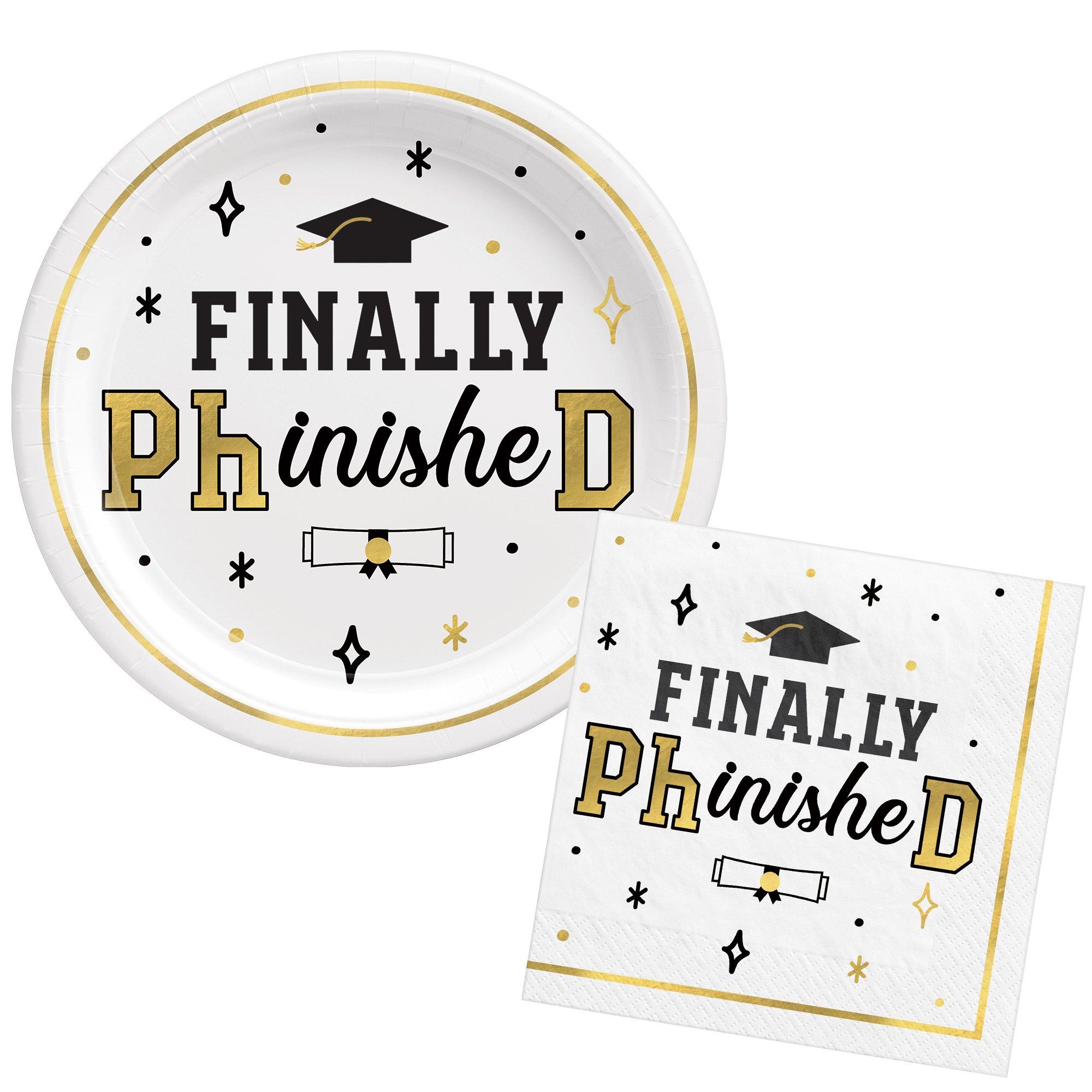 Black, White, & Gold PhD Graduation Lunch Plates (9in) & Lunch Napkins (6.5in) for 30 Guests