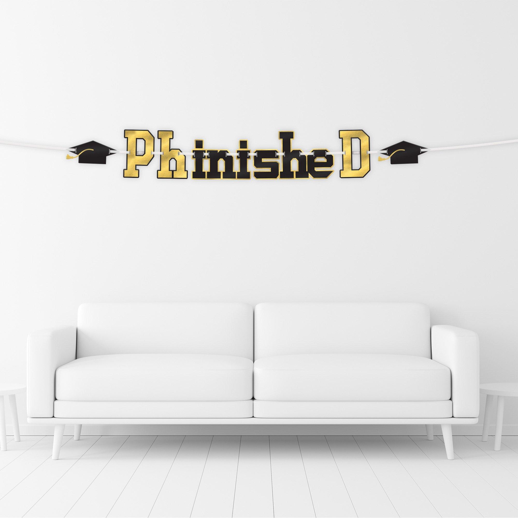 Black & Gold PhD Graduation Cardstock Letter Banner, 12ft Party City