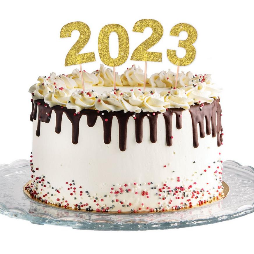 Glitter Gold 2023 Cake Pick Set, 7.5in, 4pc