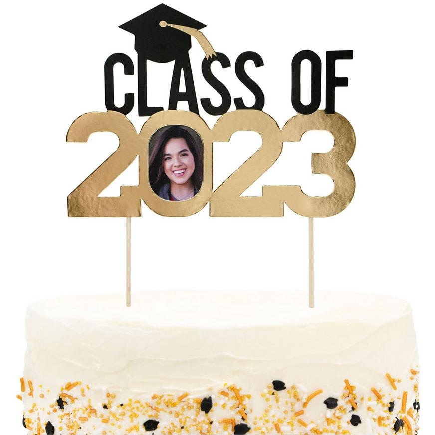 Black & Gold Class of 2023 Graduation Photo Cake Topper, 6in x 8in
