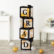 Black Pop-Up Grad Block Decorations with Gold & White Mini Latex Balloons