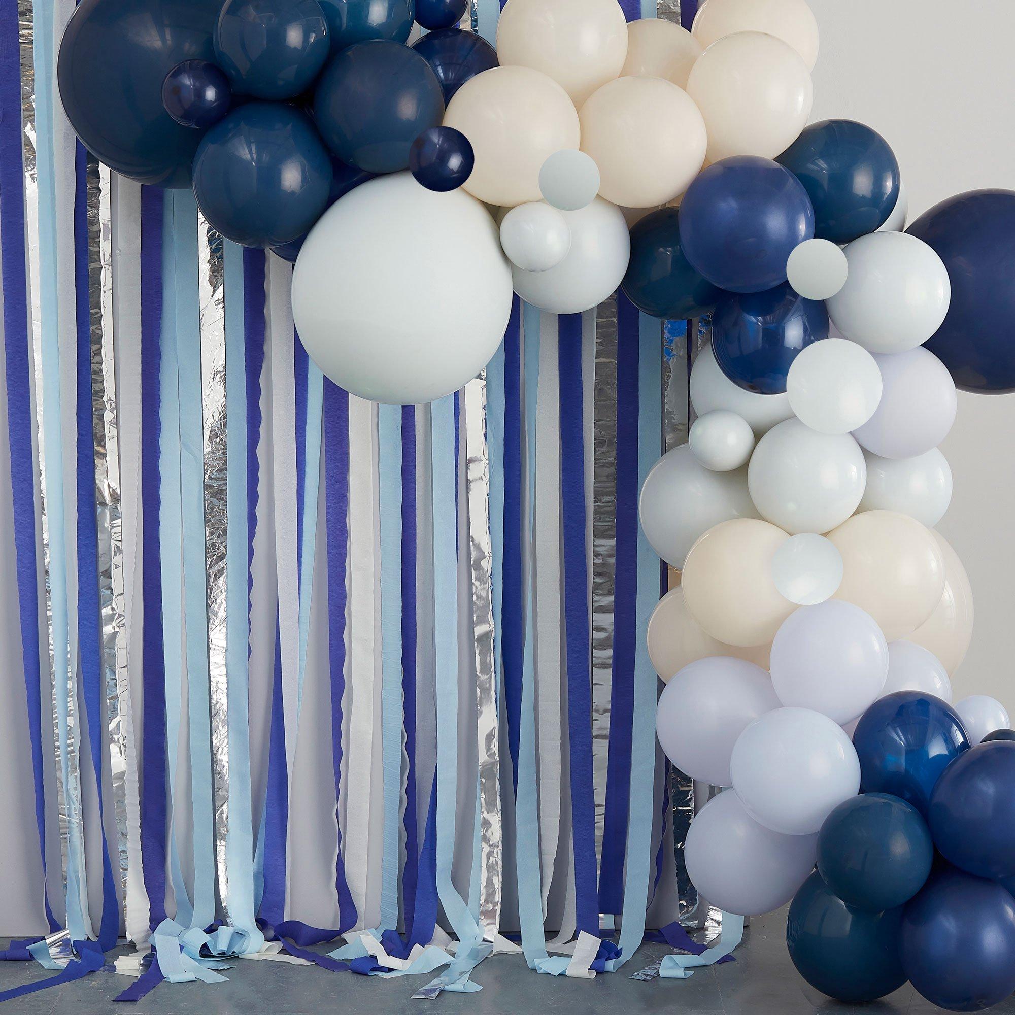 Ginger Ray Blue, Cream & Silver Eco-Friendly Balloon Arch & Streamer Backdrop Kit, 106pc