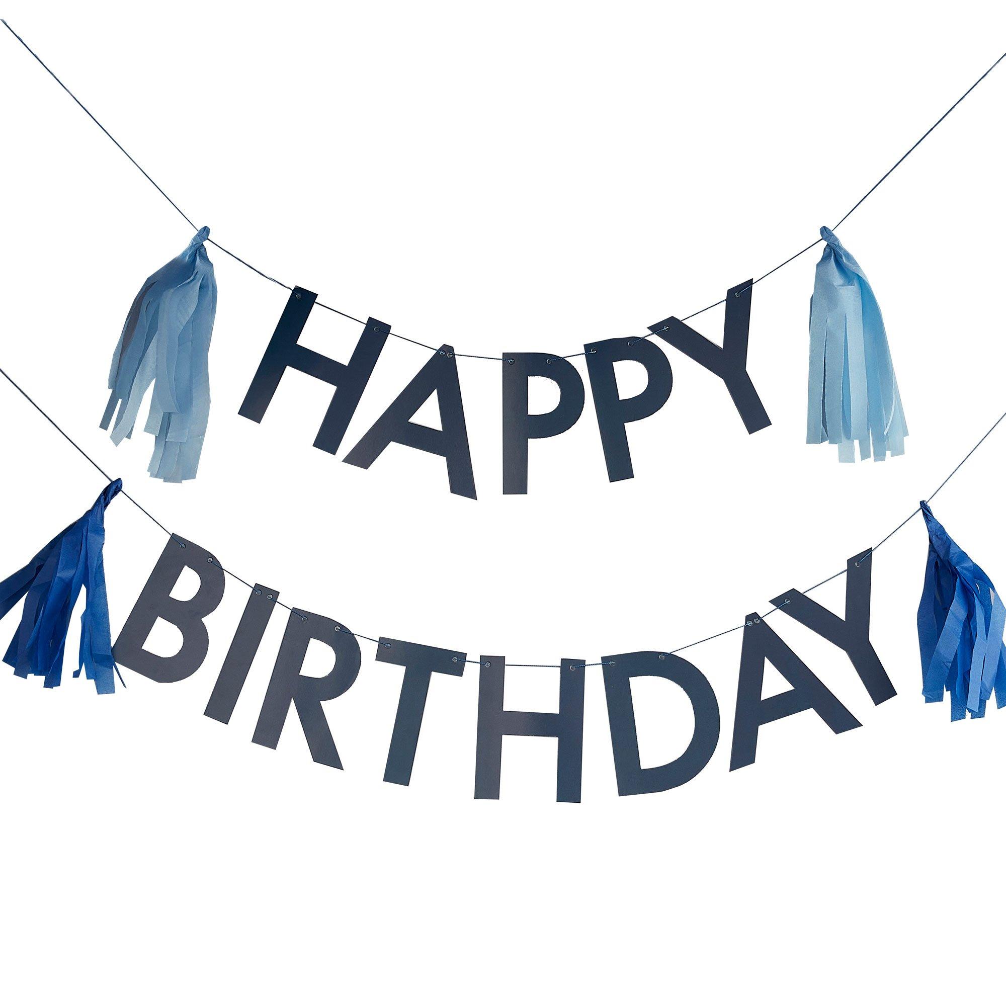 Ginger Ray Blue Happy Birthday Banner Set with Tassels, 5ft, 2pc