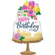 Satin Artful Floral Happy Birthday Cake-Shaped Foil Balloon, 19in x 32in