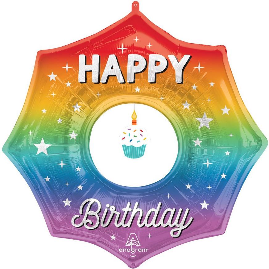 Rainbow Happy Birthday Cupcake Dangler Foil & Plastic Balloon, 33in - Doo-Dad