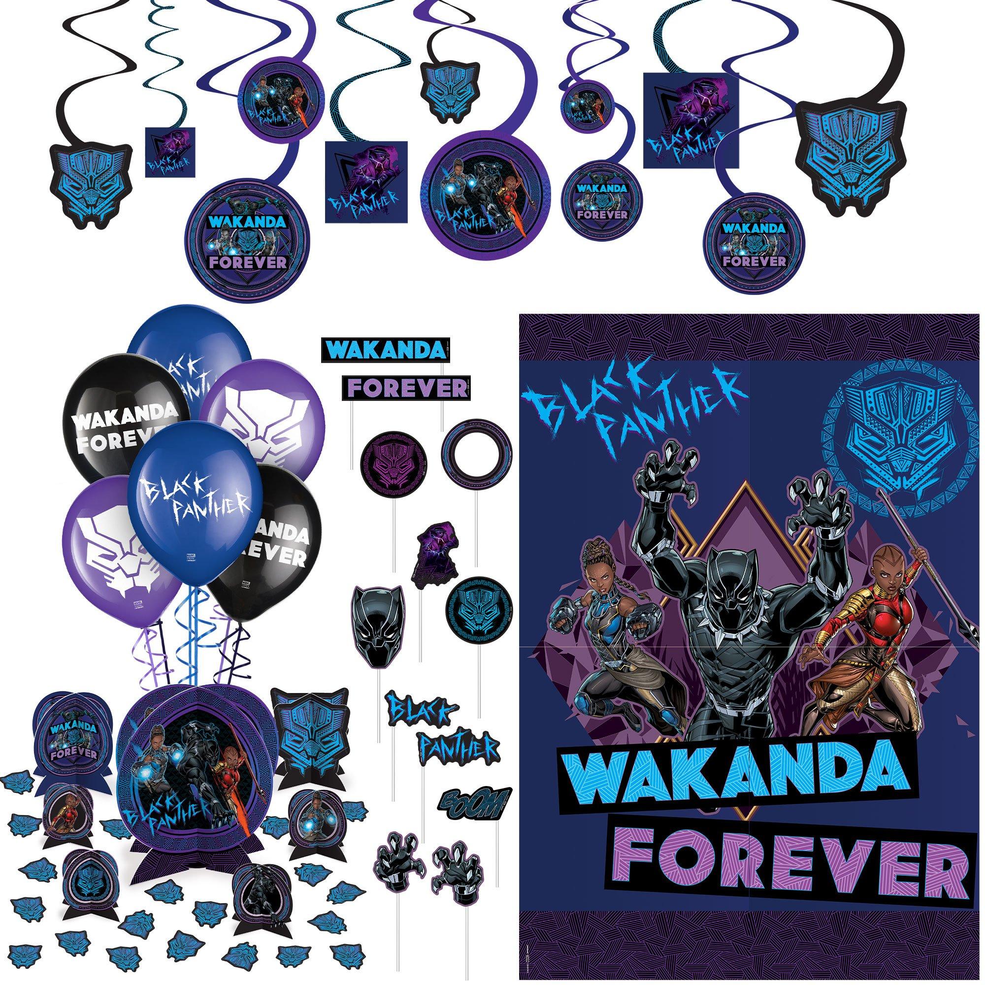 Black Panther Wakanda Forever Party Decorating Supplies Pack - Kit Includes Centerpieces, Themed Latex Balloons, Scene Setter, Photo Booth Props, & Swirl Decorations
