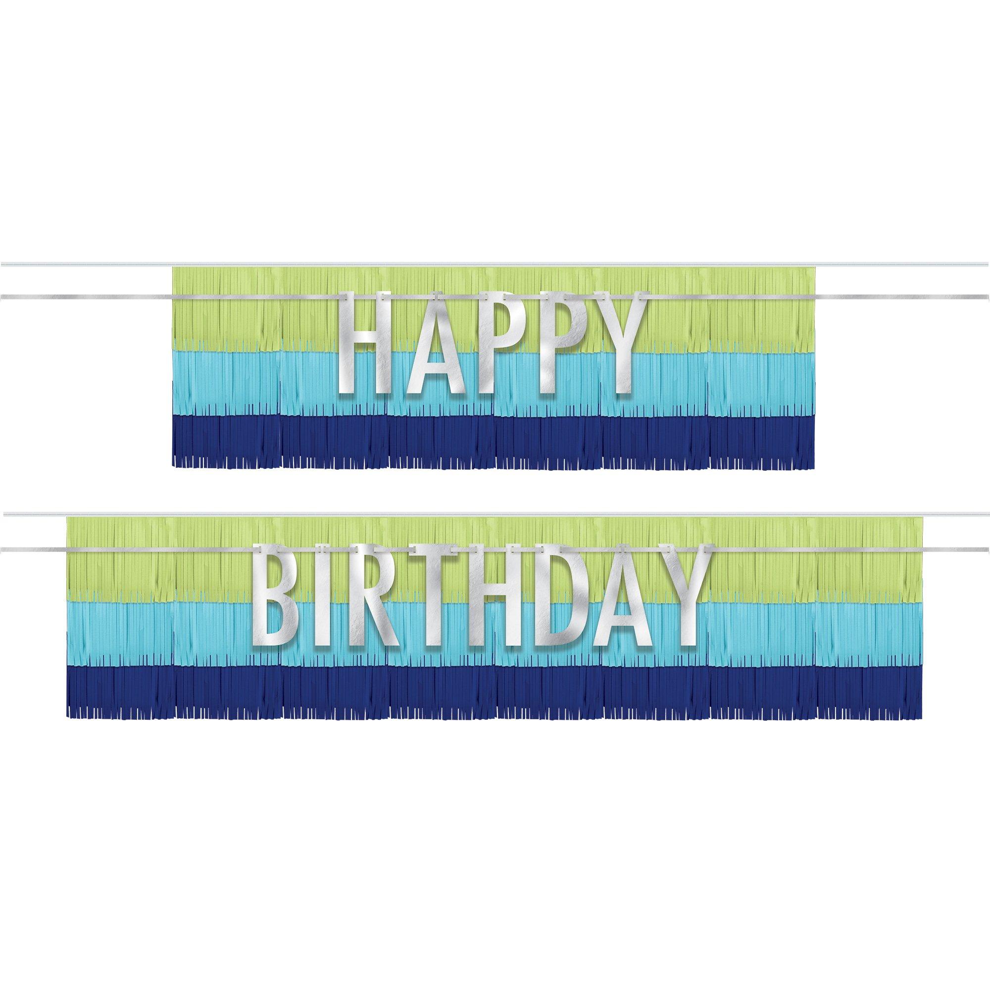 Blue & Green Happy Birthday Fringe Banner Set, 4pc - Modern Birthday