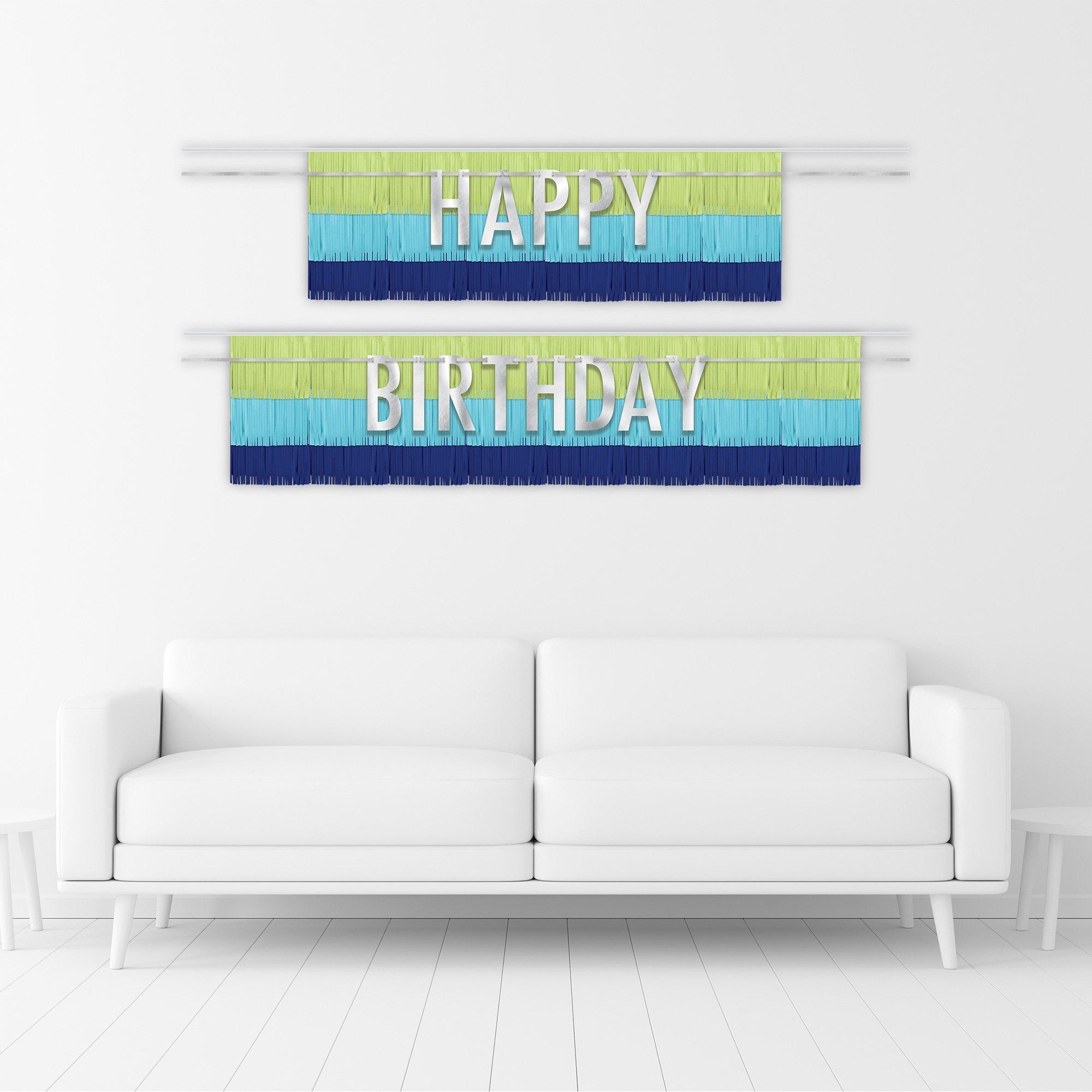 Blue & Green Happy Birthday Fringe Banner Set, 4pc - Modern Birthday