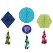 Modern Birthday Honeycomb Decorations with Tails, 3pc