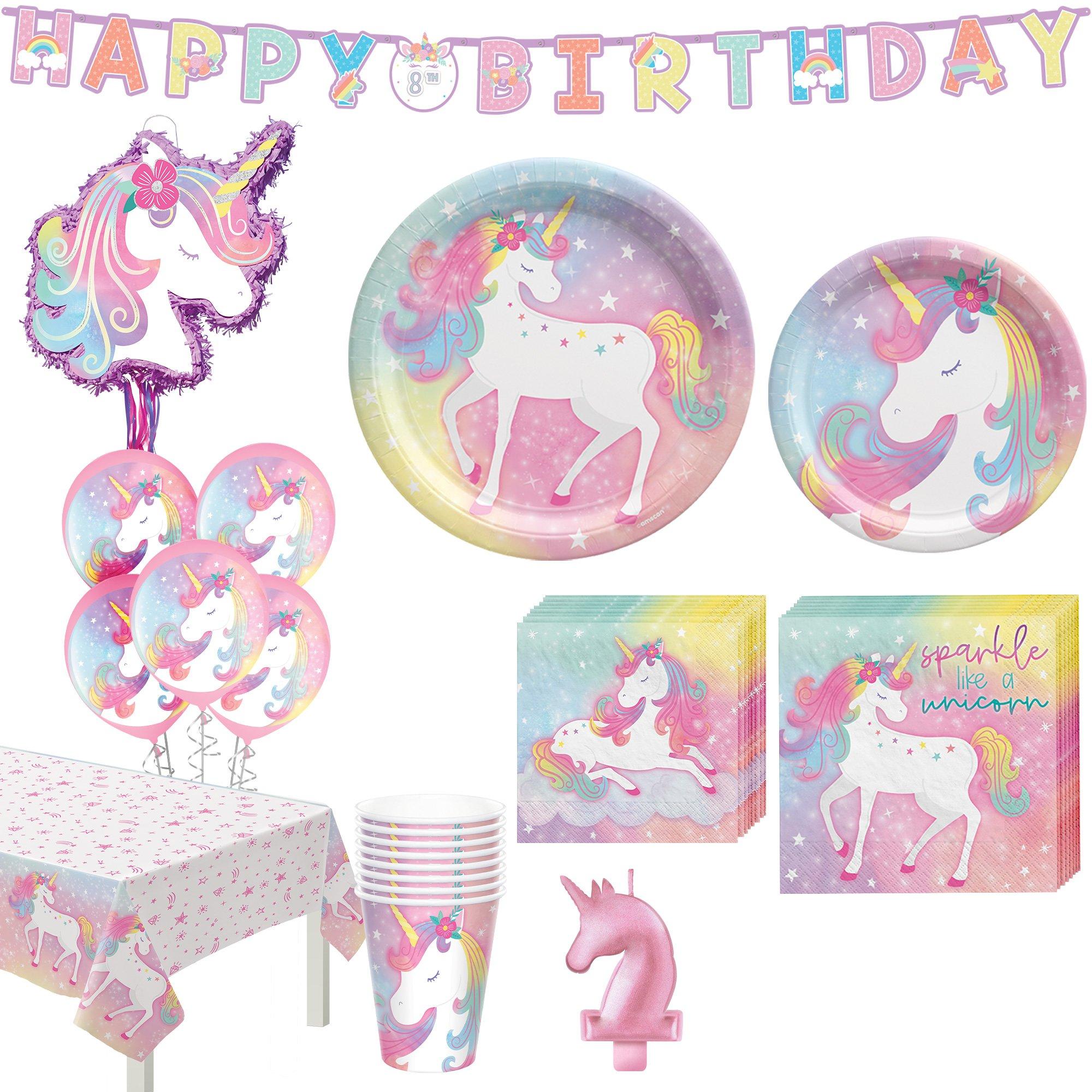 Party City Enchanted Unicorn Tableware Pinata Kit for 16 Guests Birthday Party