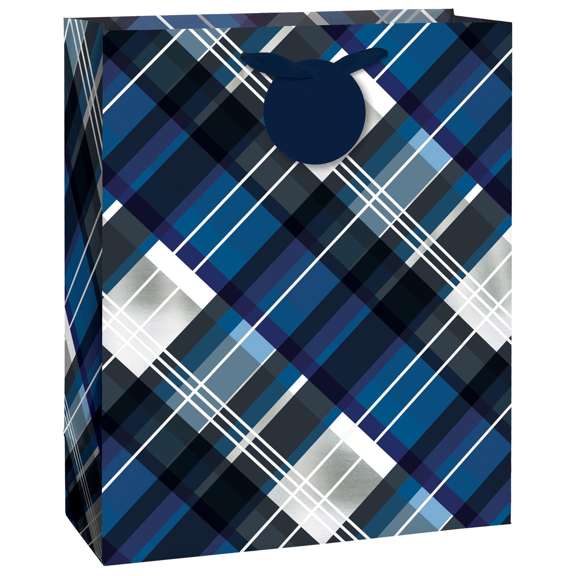 Large Navy Plaid Gift Bag, 10.5in x 13in