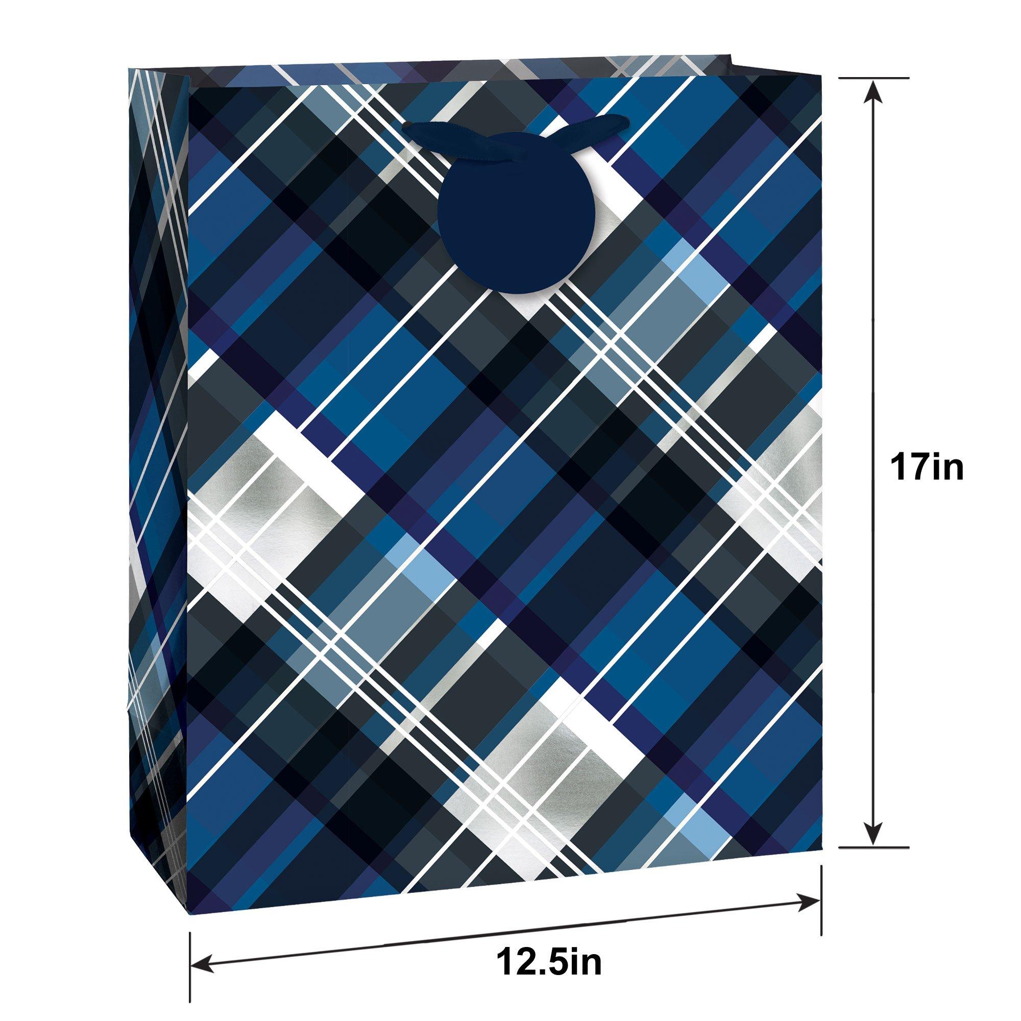 Large Navy Plaid Gift Bag, 10.5in x 13in