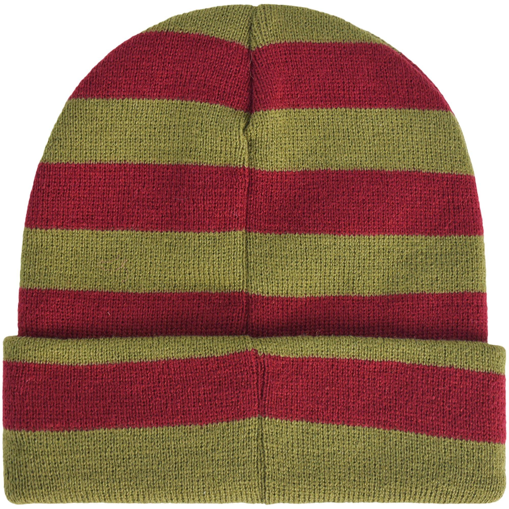 Green & Red Embroidered Freddy Krueger Glove Striped Acrylic Knit Beanie - A Nightmare on Elm Street
