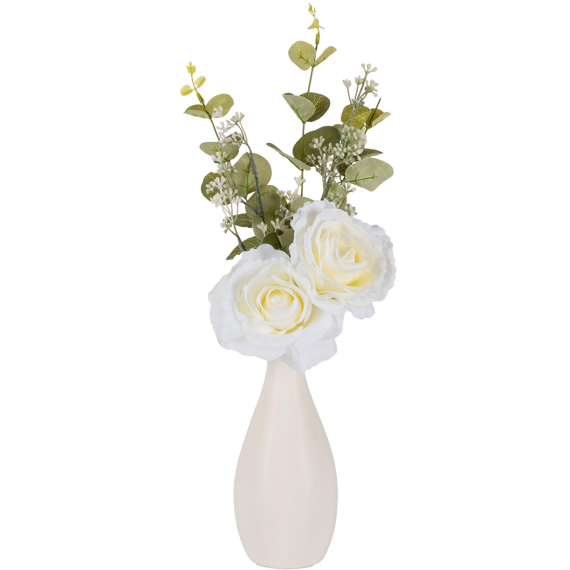 White Roses & Greenery in White Ceramic Vase, 17in
