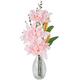 Pink Flowers & Greenery in Clear Glass Vase, 14in