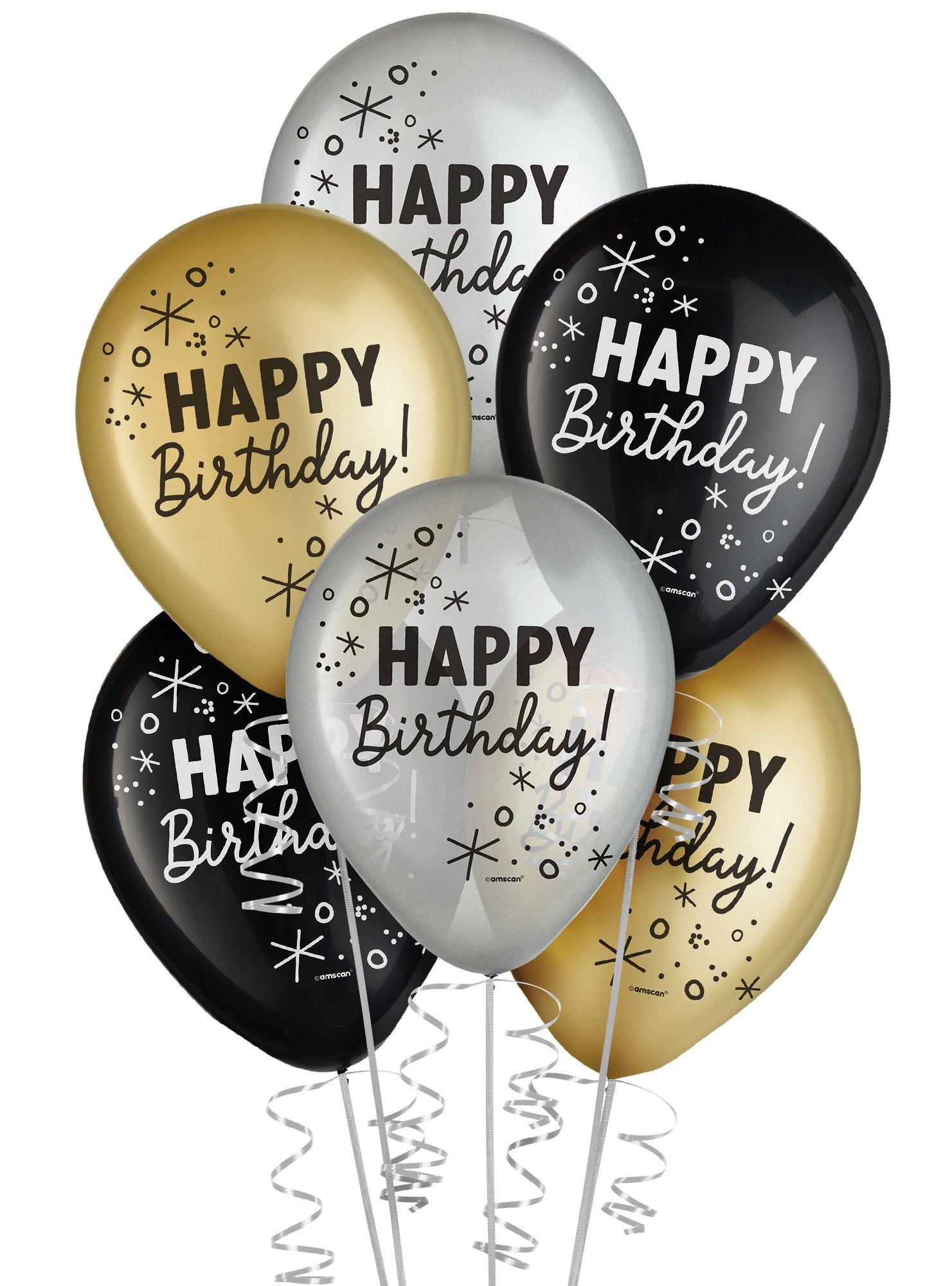 15ct, 11in, Black, Silver & Gold Happy Birthday Latex Balloons