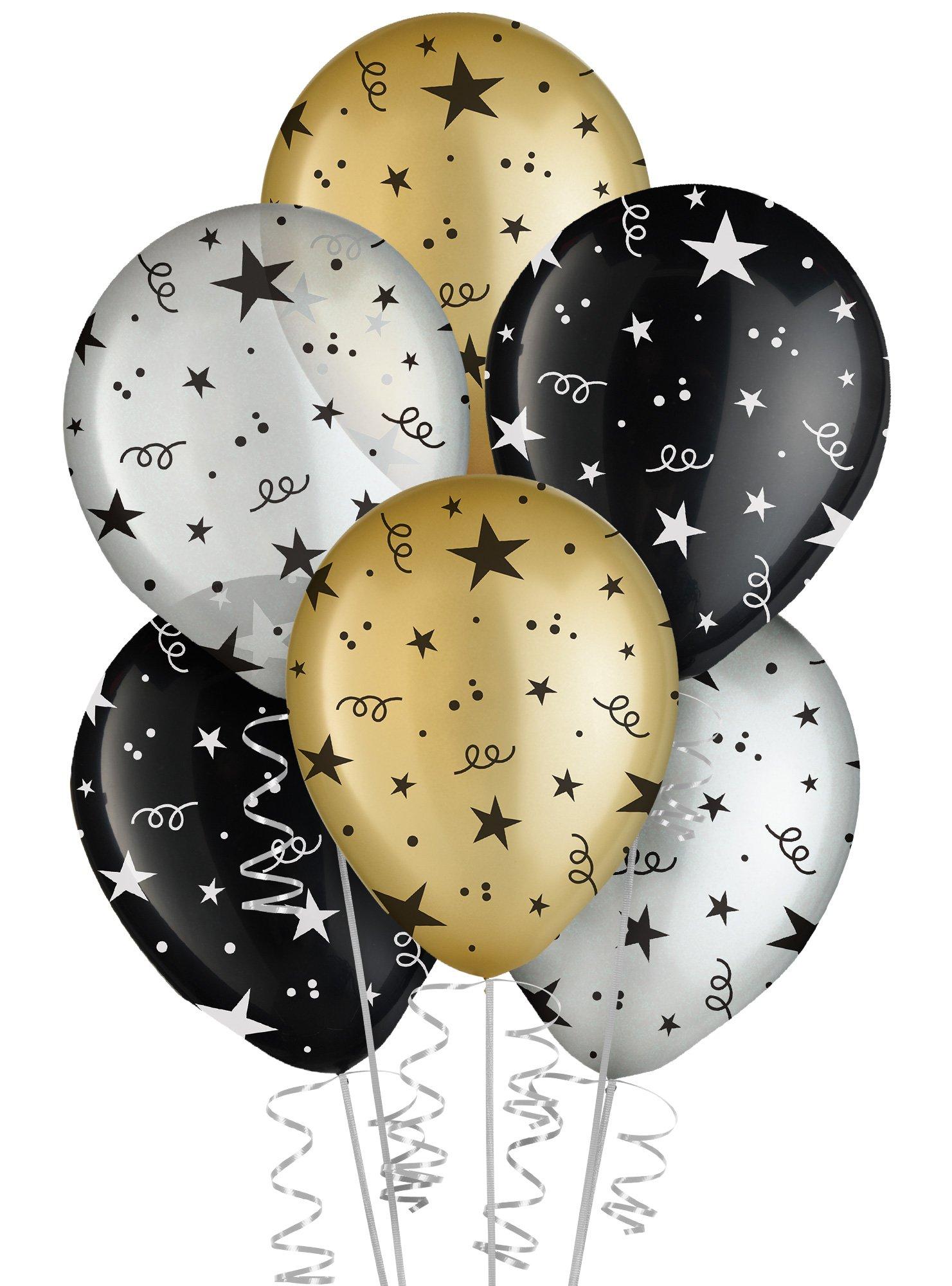 15ct, 11in, Black, Silver & Gold Confetti & Stars Latex Balloons