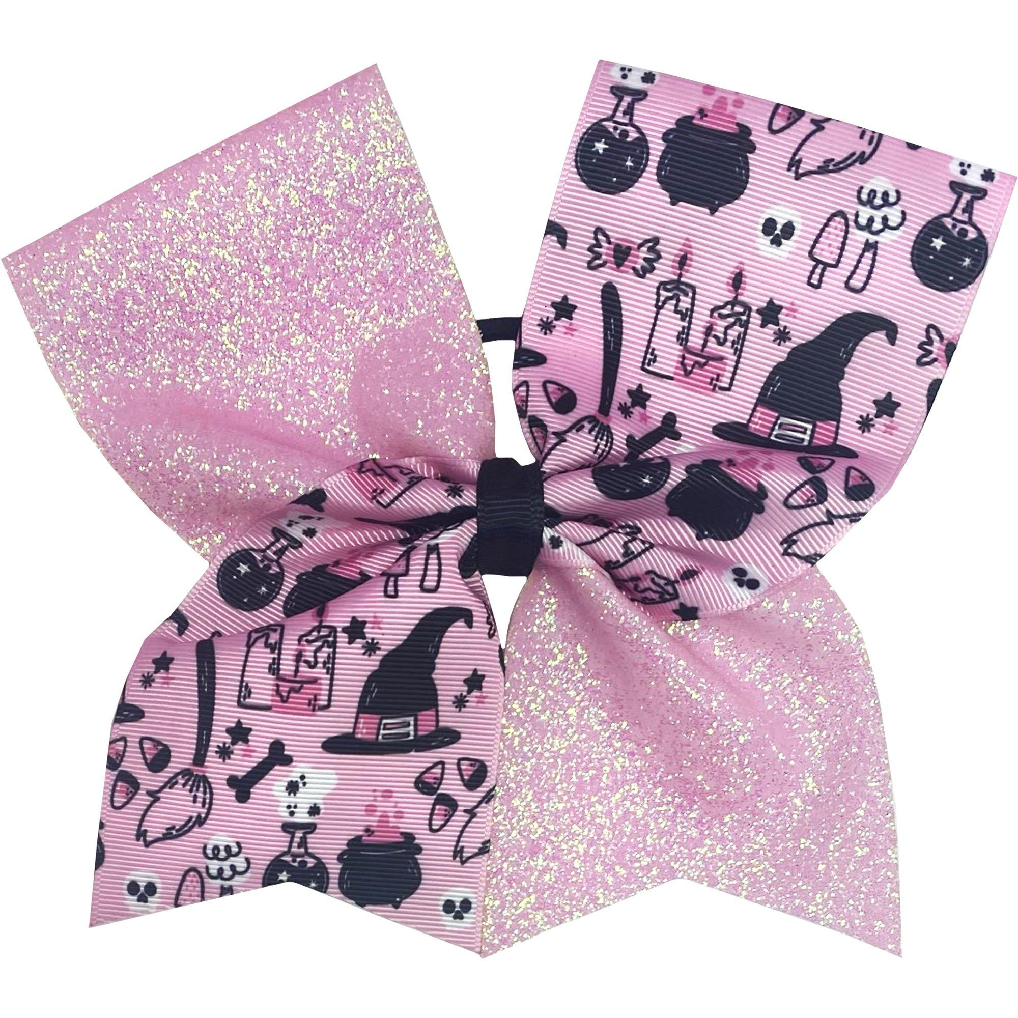 Glitter Breast Cancer Awareness Pink Fabric Cheer Bow with Elastic Band, 6.5in x 6in