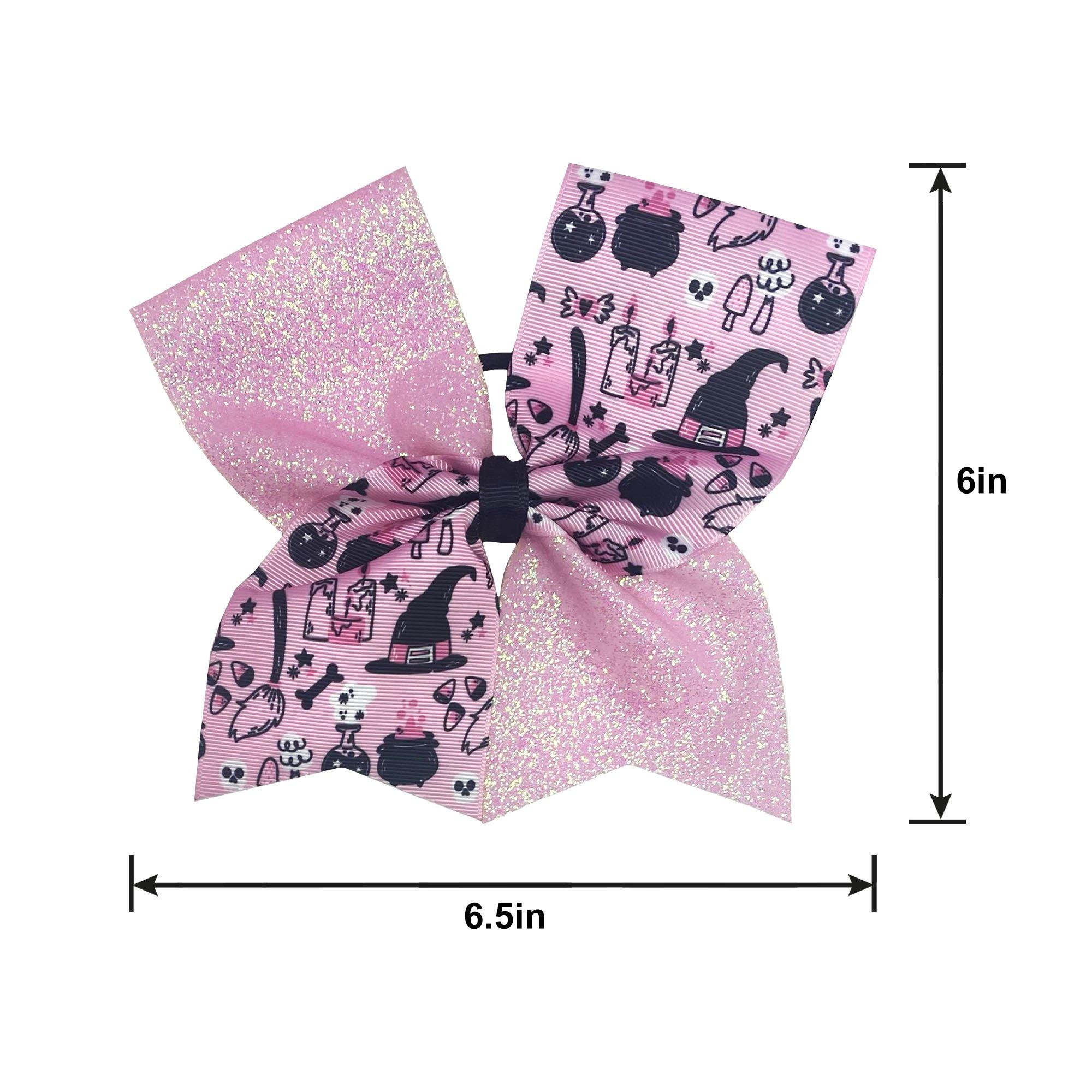 Glitter Breast Cancer Awareness Pink Fabric Cheer Bow with Elastic Band, 6.5in x 6in