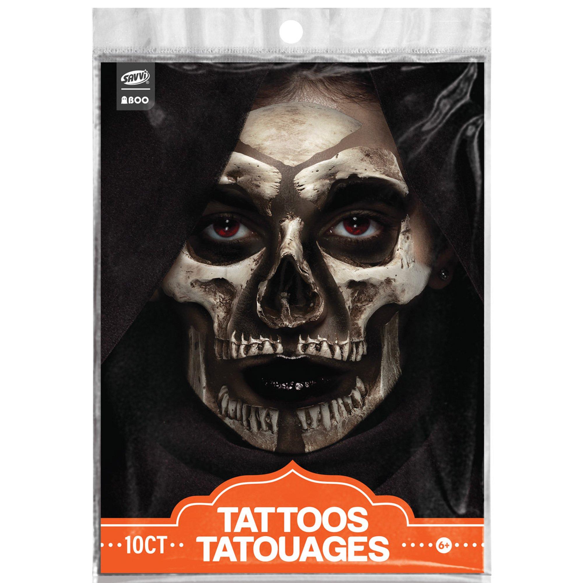 Full Face Skull Temporary Tattoo Set, 10pc