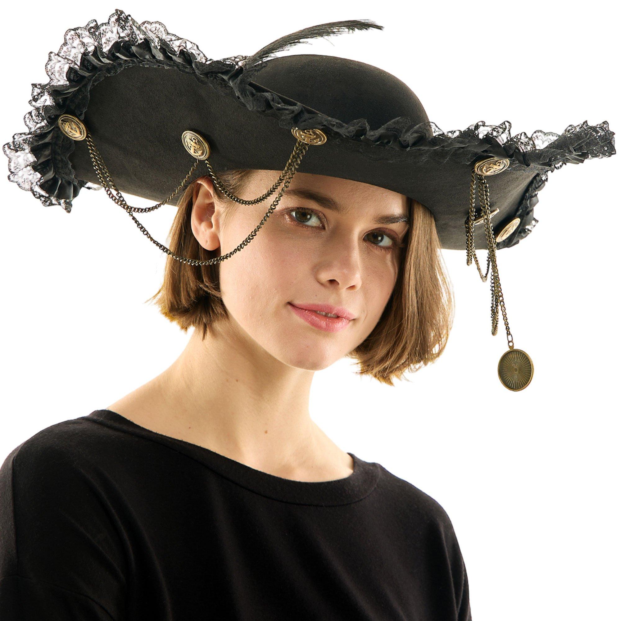 Adult Women's Black Embroidered w/ Feather Halloween Cosplay Costume Pirate  Hat 