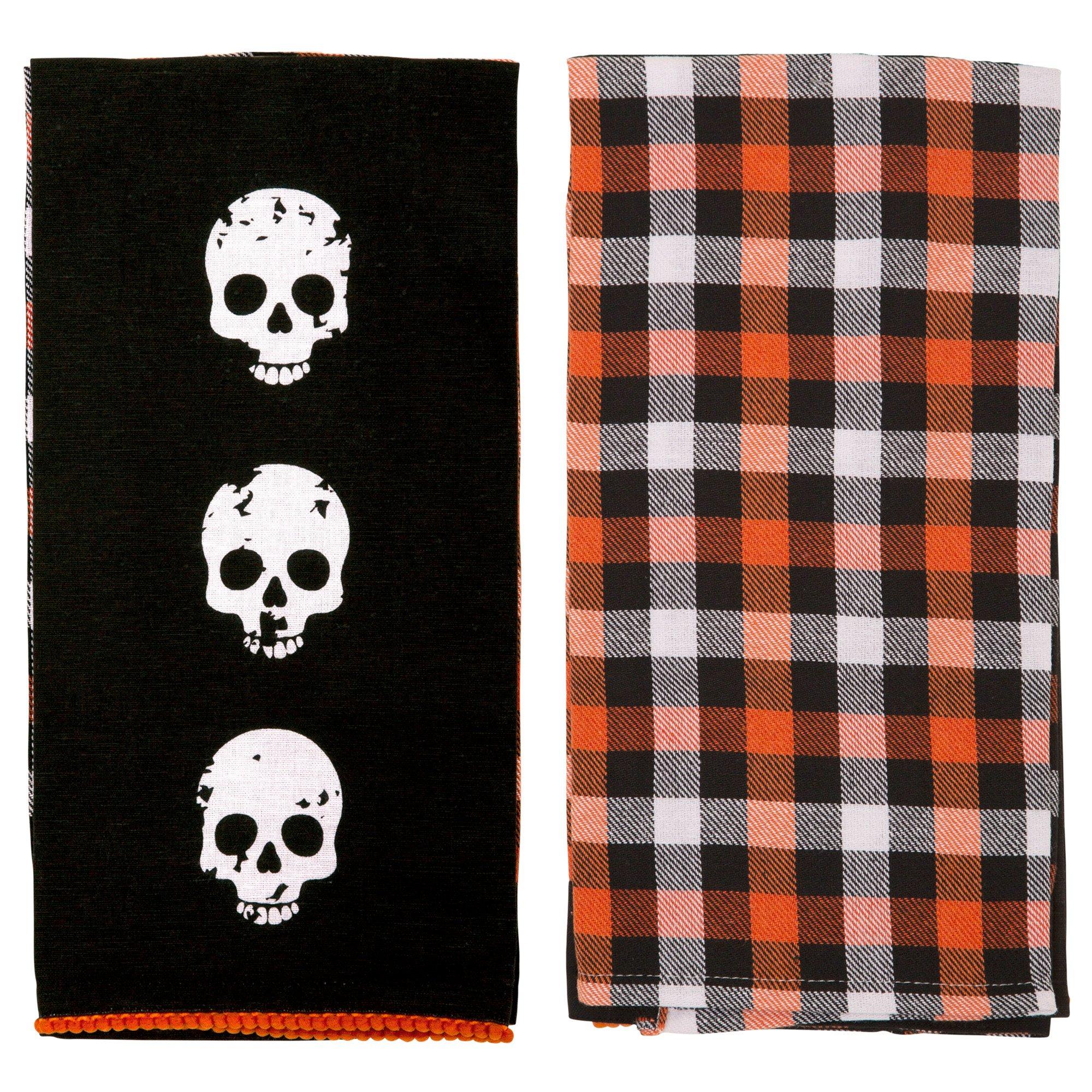 Black & Orange Skulls Buffalo Plaid Fabric Kitchen Towels, 18in x