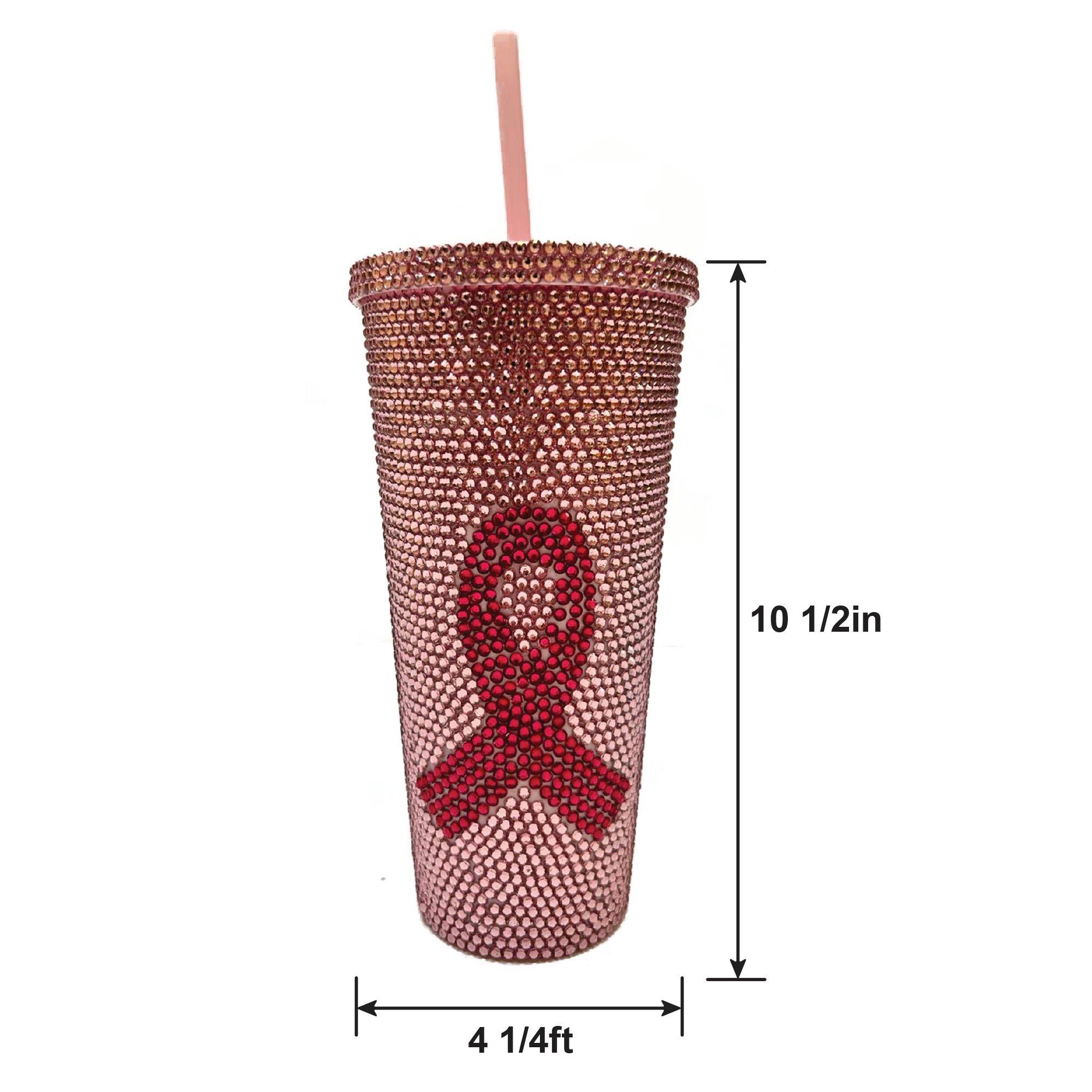 Rhinestone Breast Cancer Awareness Pink Ribbon Plastic Cup with Straw, 24oz