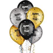 15pc, 11in, Black, Silver & Gold Happy New Year Latex Balloons