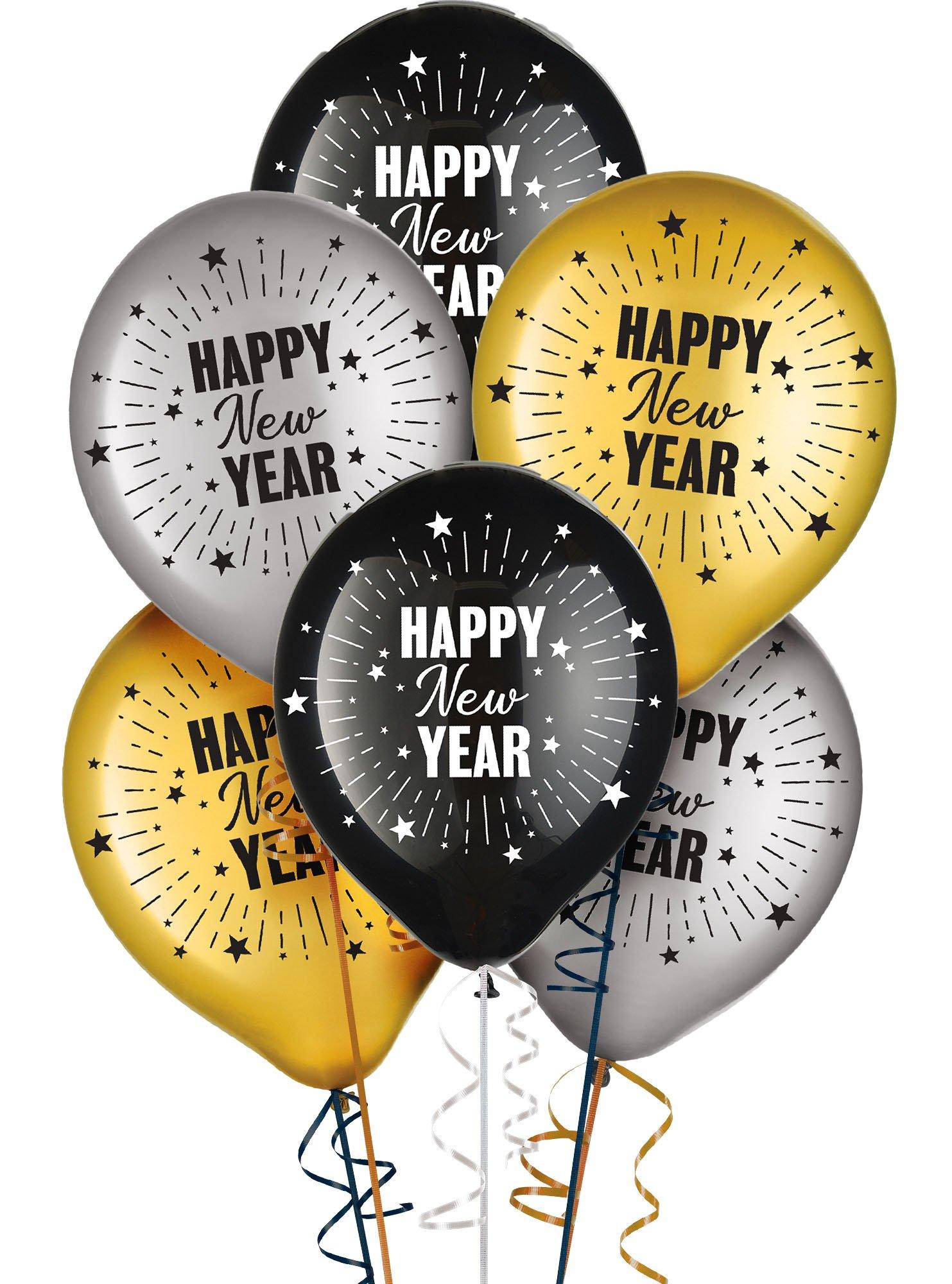 Happy New Year Latex Balloons, NYE Party Decorations (Black, Gold