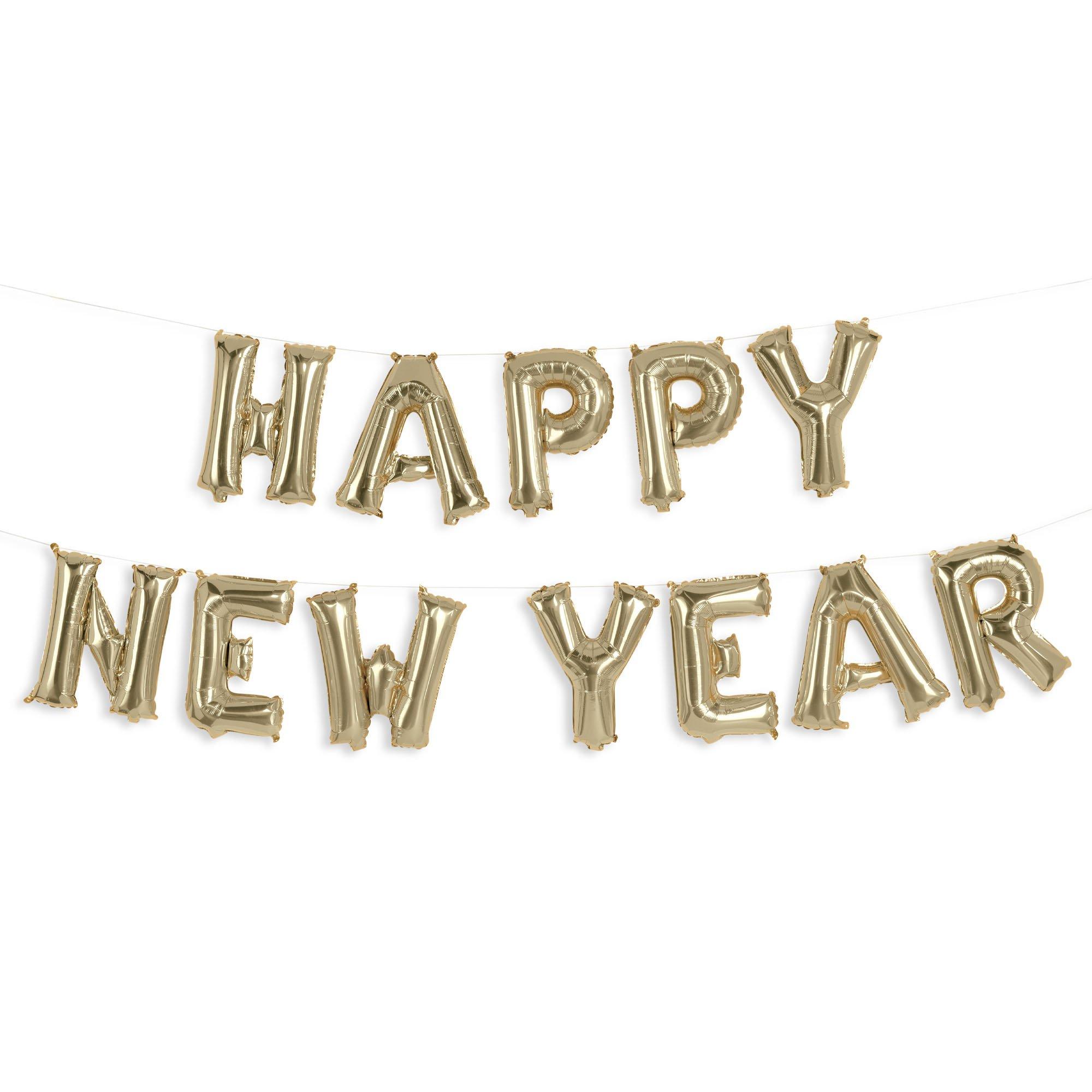 Air-Filled White Gold Happy New Year Foil Balloon Phrase Banner, 16in Letters