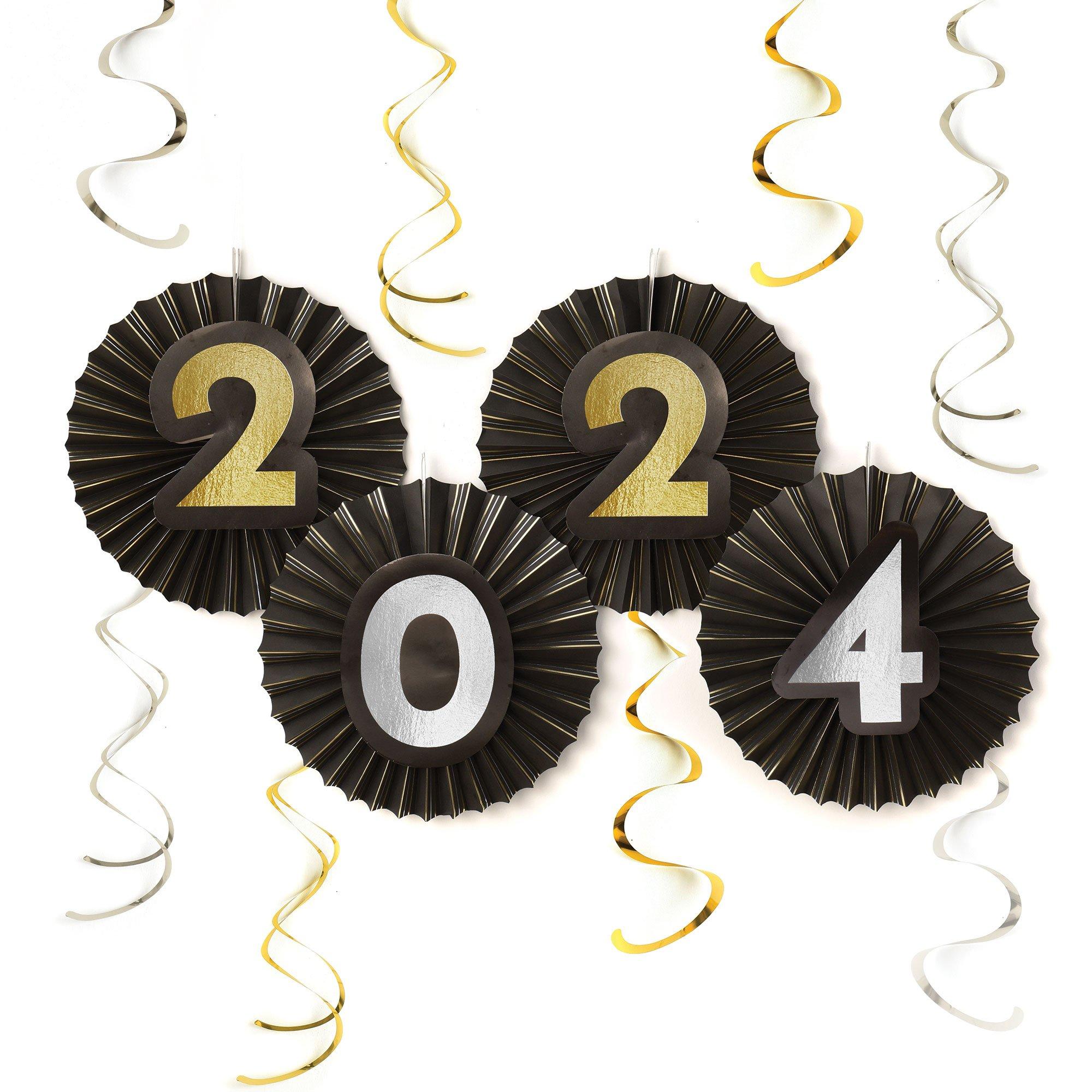 Black Silver Gold New Year S 2024 Fan Swirl Decorations 12pc   969385