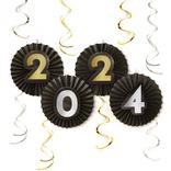 Black, Silver, & Gold New Year's 2024 Fan & Swirl Decorations, 12pc