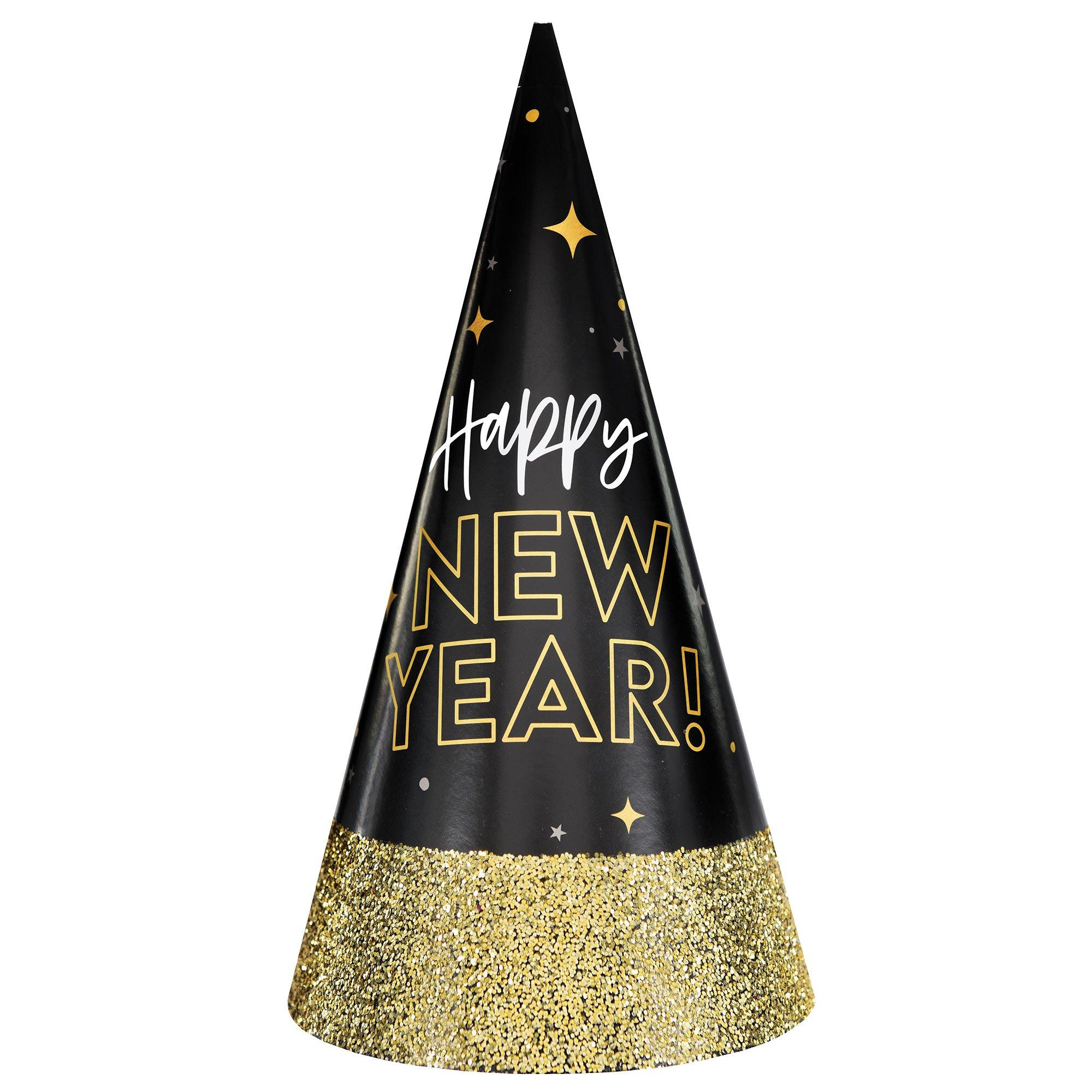 Happy New Year Gold Glitter Dip Cone Hat | Party City