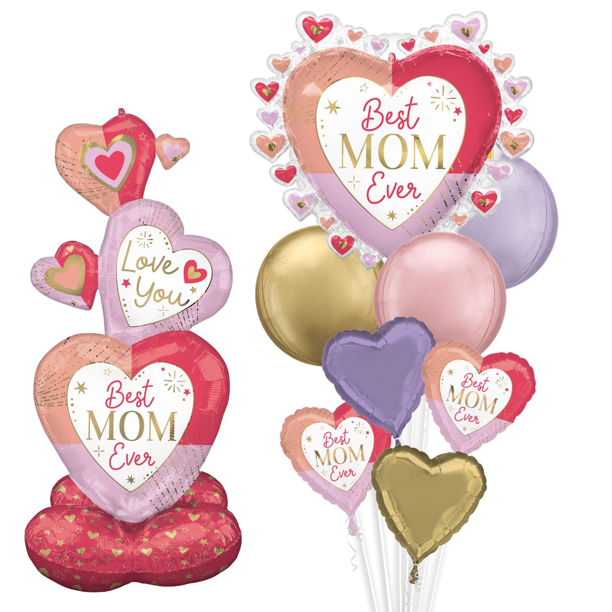 AirLoonz Colorful Stacked Hearts & Colorful Mother's Day Balloon Bouquet Set, 9pc