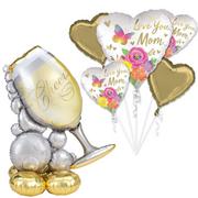 AirLoonz Bubbly Wine Glass & Butterfly, Flowers & Hearts Mother's Day Balloon Bouquet Set, 6pc