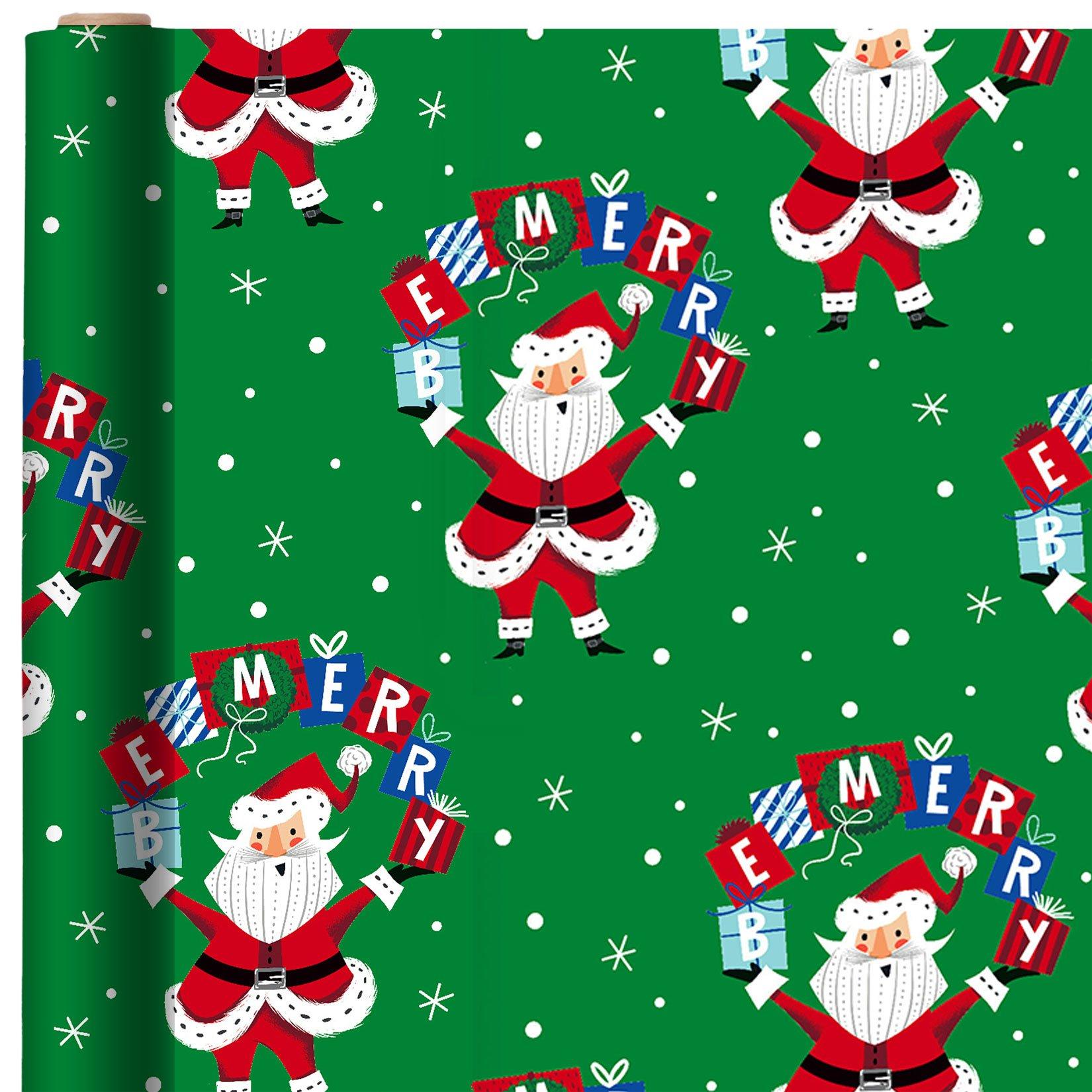 Green Santa Be Merry Presents Gift Wrapping Paper, 18ft x 40in (60 sq ft)