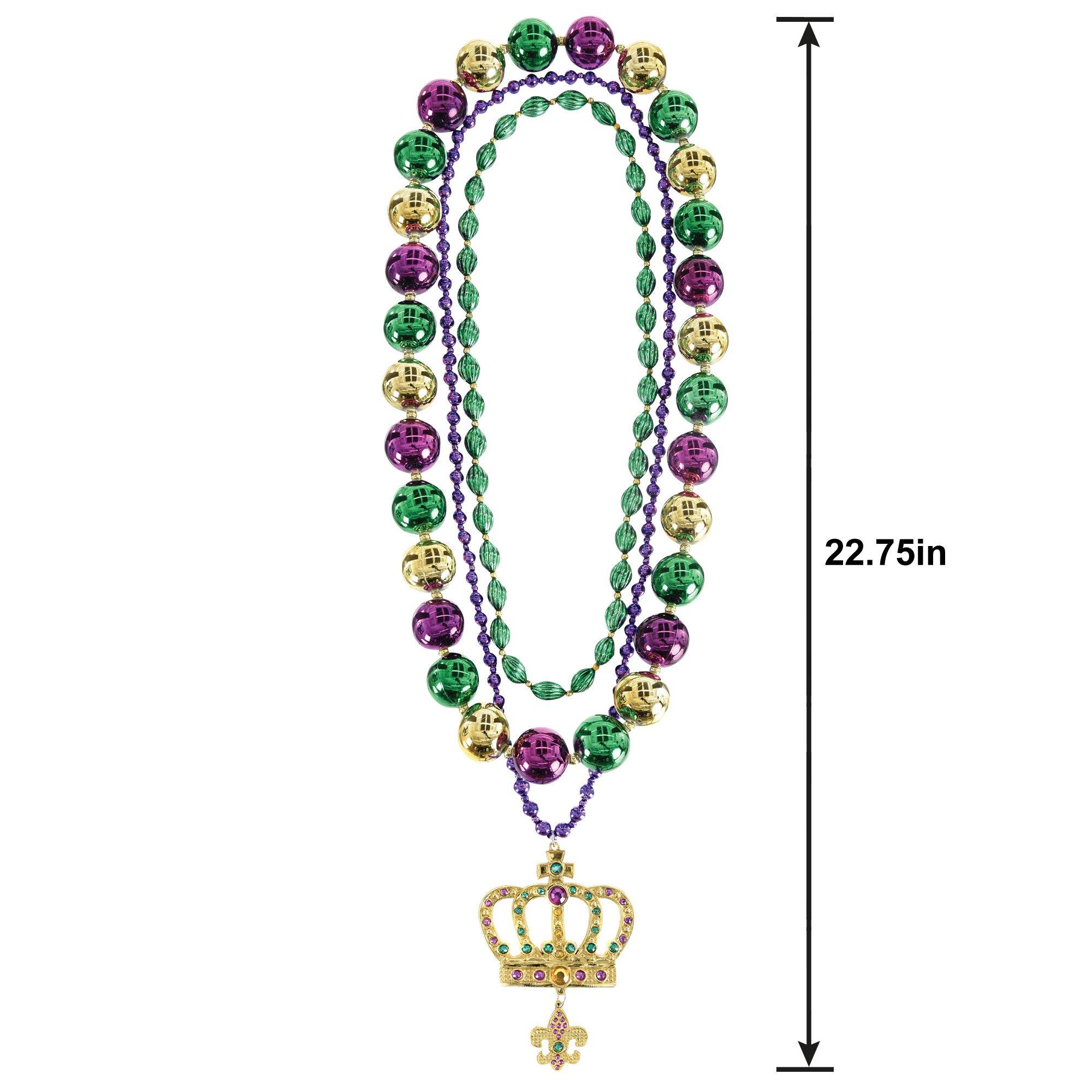 Layered Mardi Gras Crown Pendant Beaded Necklace Set, 3pc