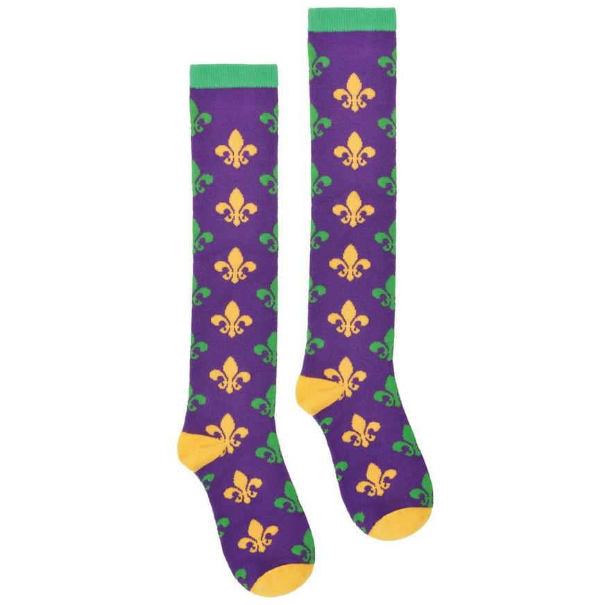 Adult Purple, Green & Gold Fleur-de-Lis Mardi Gras Knee-High Socks ...