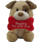 Valentine's Day Heart Bone Begging Tan Dog Plush, 10.5in