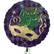 Peacock Feather Mardi Gras Mask Round Foil Balloon, 18in