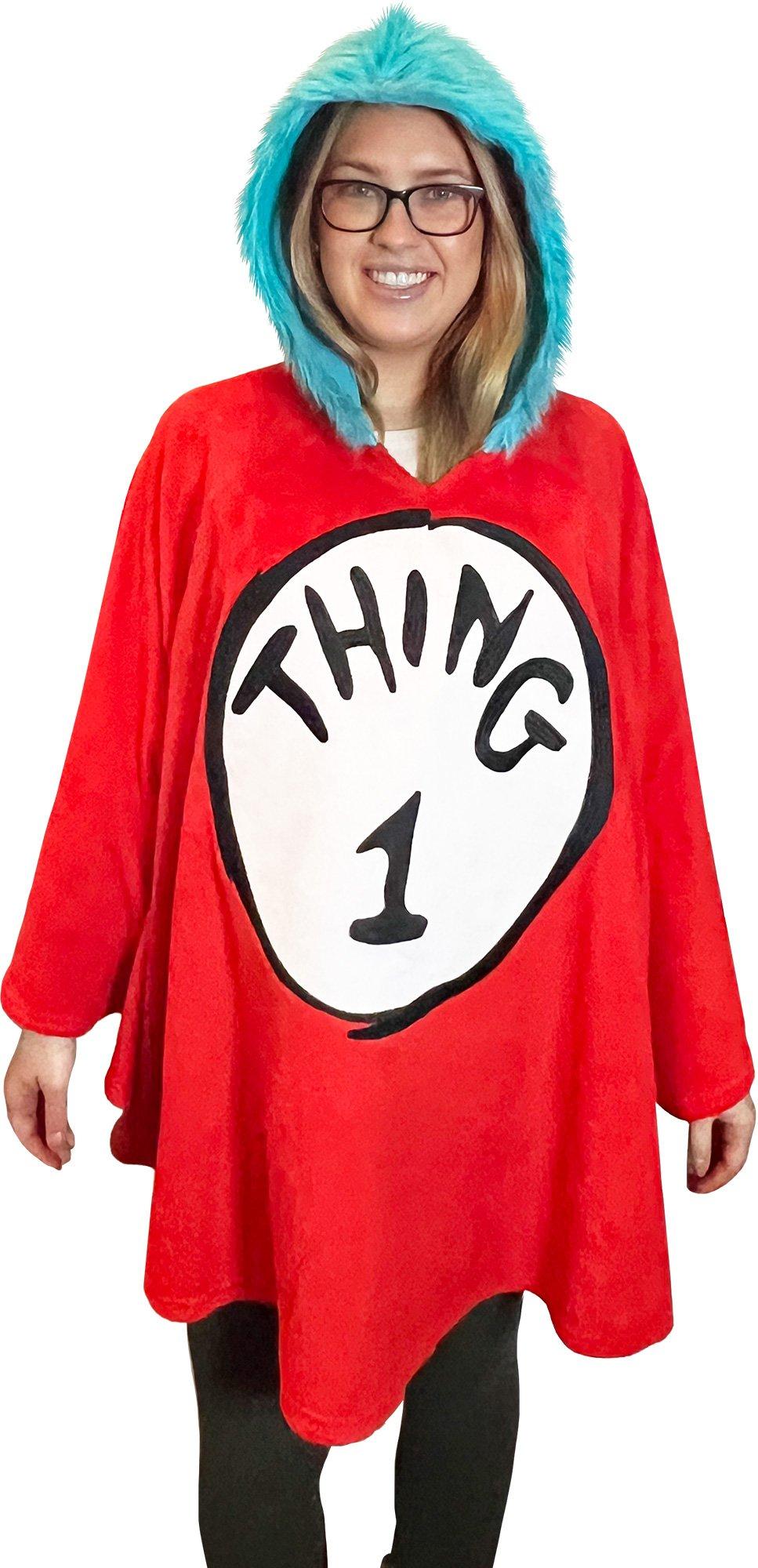 Adult Thing 1 Hooded Fleece Poncho - Dr. Seuss | Party City