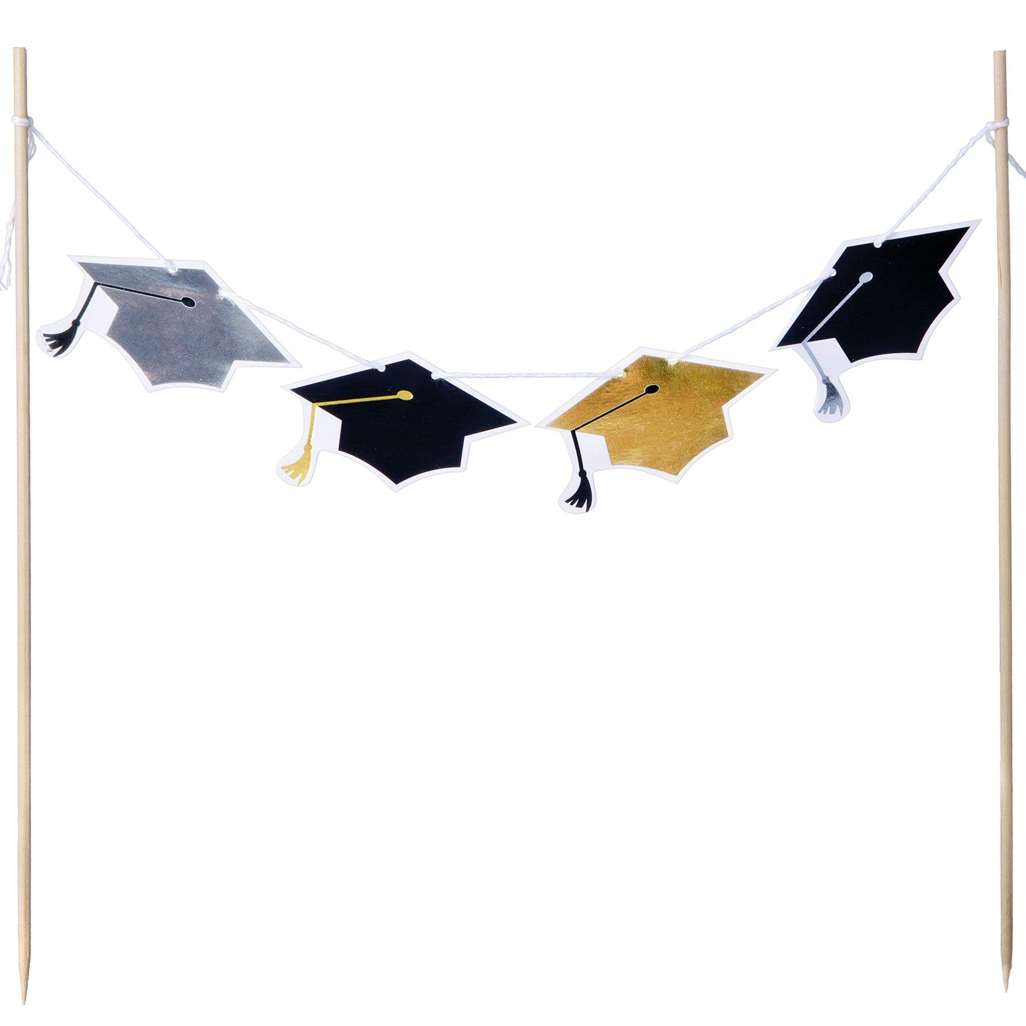 Black, Silver & Gold Grad Cap Garland Cake Topper, 8.5in